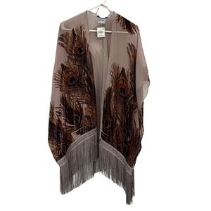 INC Womens One Size Burnout Velvet Kimono Brown Peacock Feather Fringe